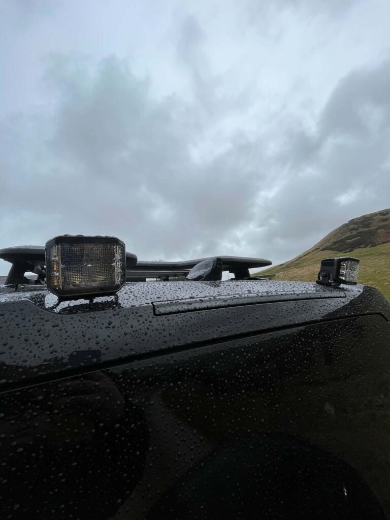 Roof-mounted LED spot lamp fitted to a 4x4 used on unlit lanes around Ashbourne