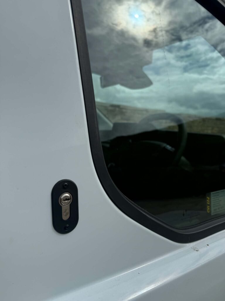 Deadlock fitted to the door of a van kept overnight in Sandbach