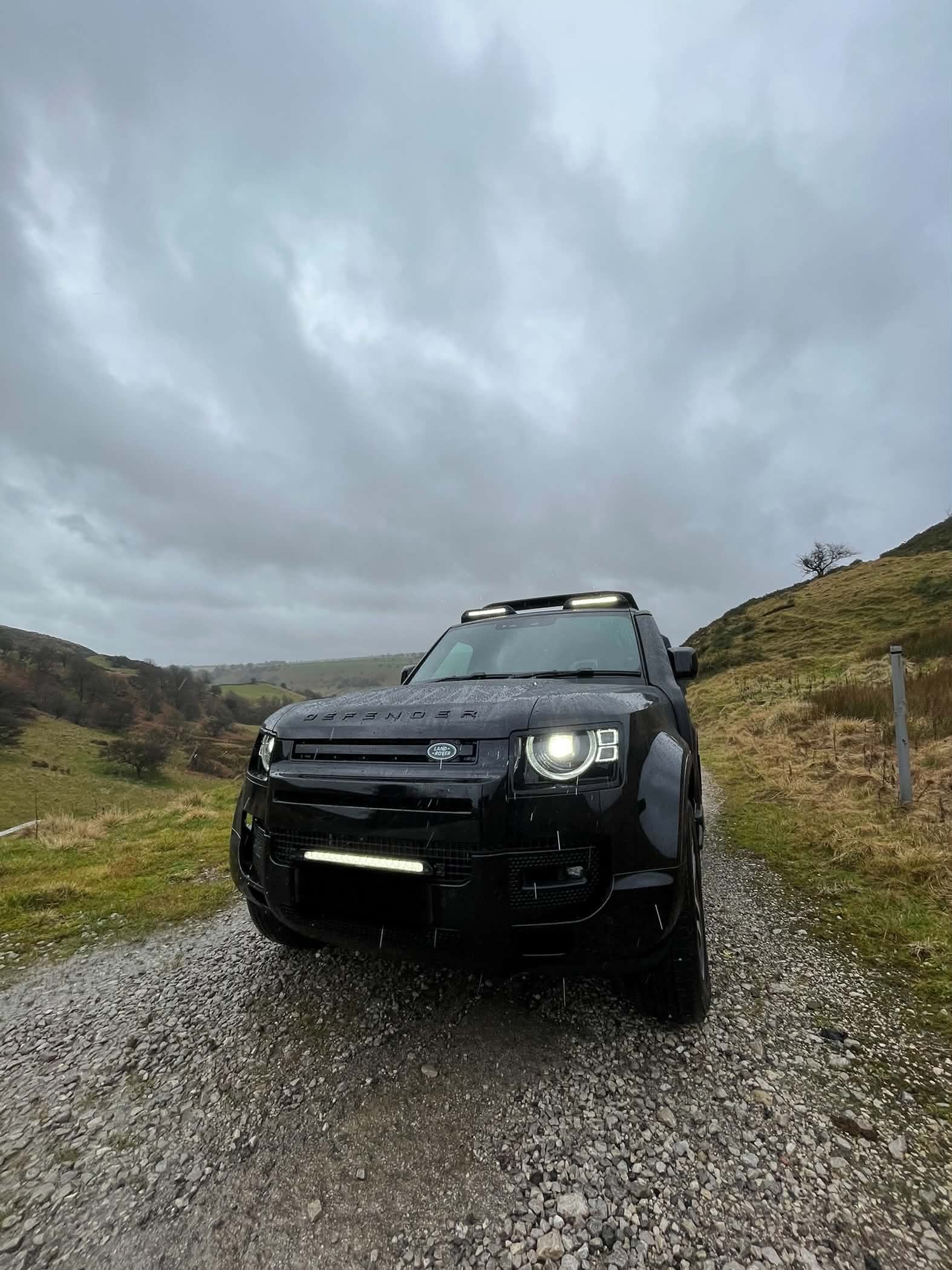 Land Rover Defender with roof and bumper light bars fitted by VDL Vehicle Solutions
